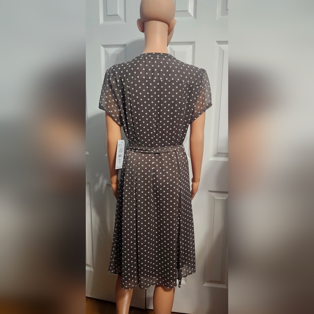 MSK Polka Dot Split-Neck Short Sleeve Chiffon Brown Cottagecore Dress Sz 14 - Picture 3 of 4